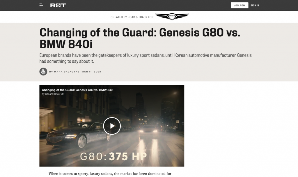 Branded content by genesis on road and track